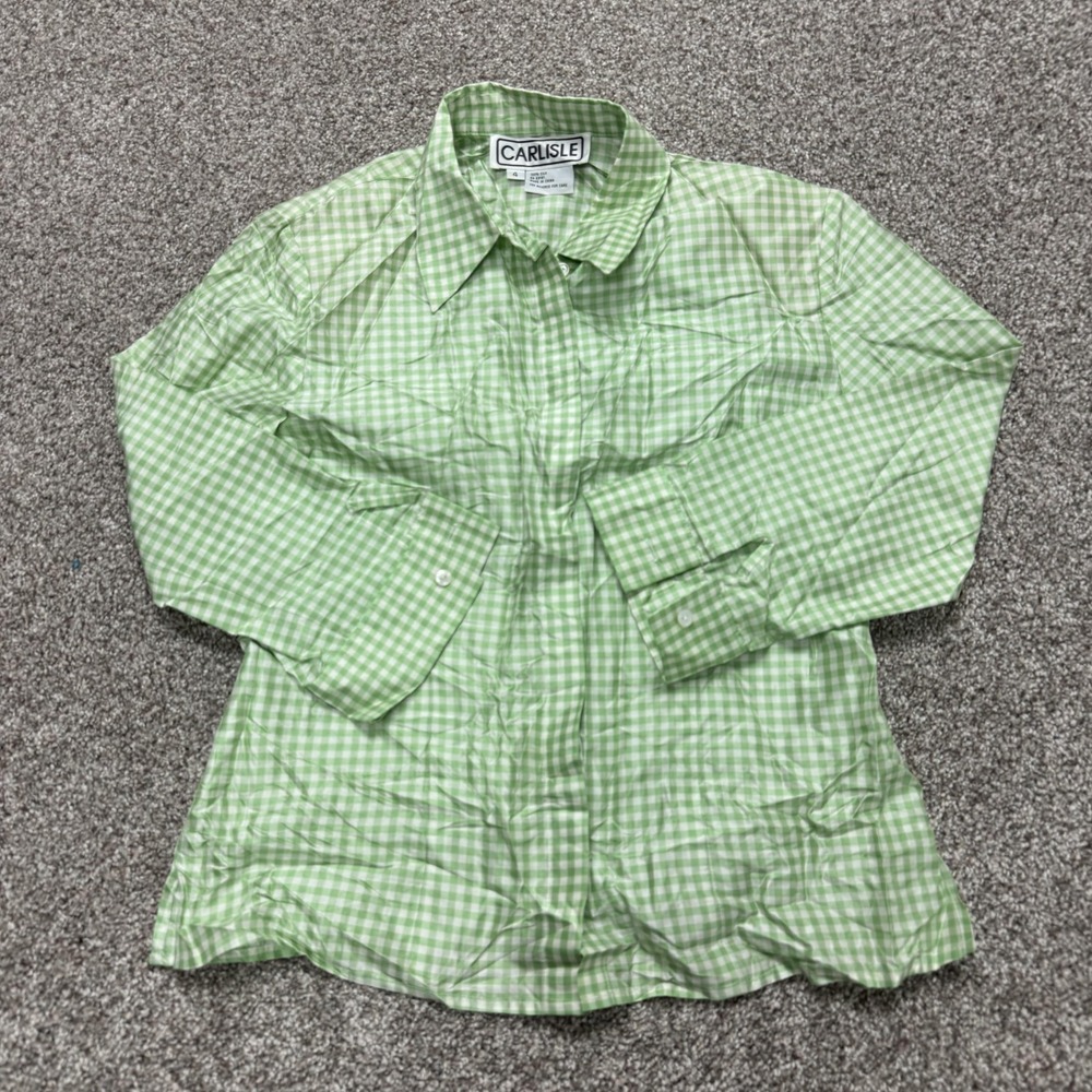 Carlisle Blouse Womens 4 Green Gingham Check Silk Long Sleeve Button Front Top